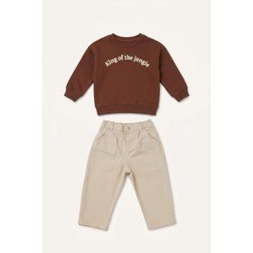 DeFacto I0701A526AU Bisiklket Yaka Nakışlı Sweatshirt Esnek Belli Pantolon 2'li Erkek Bebek Takım