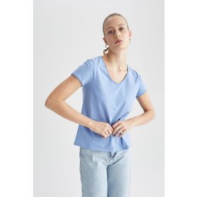DeFacto K1507AZ22SM Mavi-BE743 Regular Fit V Yaka Kısa Kollu Kadın Tişört