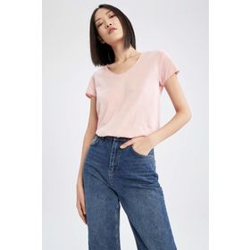 DeFacto K1507AZ22SM Mavi-BE743 Regular Fit V Yaka Kısa Kollu Kadın Tişört