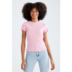 DeFacto K7064AZ22SM Sarı-YL155 Slim Fit Bisiklet Yaka Kısa Kollu Kadın Tişört
