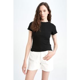 DeFacto K7064AZ23SM Beyaz-WT32 Fitted Bisiklet Yaka Kısa Kollu Kadın T-shirt