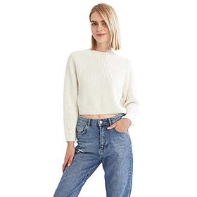 DeFacto Kadın Coool Relax Fit Crop Triko Kazak, Ekru, XS Kazak