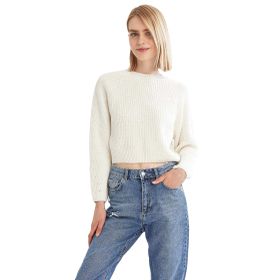 DeFacto Kadın Coool Relax Fit Crop Triko Kazak, Ekru, XXS Kazak