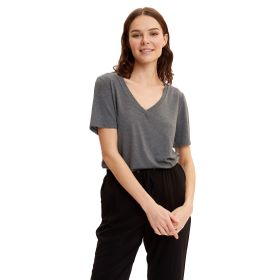 DeFacto Kadın Regular Fit V Yaka Basic Kısa Kollu Tişört, Antrasit , S T-shirt