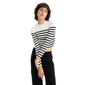 DeFacto Kadın Slim Fit Çizgili Bisiklet Yaka Kazak, Ekru, M Kazak