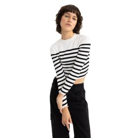 DeFacto Kadın Slim Fit Çizgili Bisiklet Yaka Kazak, Ekru, M Kazak