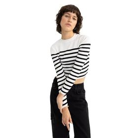 DeFacto Kadın Slim Fit Çizgili Bisiklet Yaka Kazak, Ekru, M Kazak