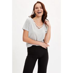 DeFacto M4991AZ.19SM.GD2 Altın V Yaka Regular Fit Kısa Kollu Kadın T-shirt