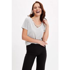 DeFacto M4991AZ.19SM.GD2 Altın V Yaka Regular Fit Kısa Kollu Kadın T-shirt