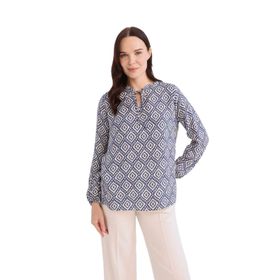 DeFacto N1809AZ25SP IN247 İndigo Regular Fit Bağcıklı Yaka Desenli Uzun Kollu Bluz