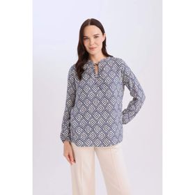DeFacto N1809AZ25SP IN247 İndigo Regular Fit Bağcıklı Yaka Desenli Uzun Kollu Bluz