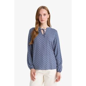 DeFacto N1809AZ25SP IN247 İndigo Regular Fit Bağcıklı Yaka Desenli Uzun Kollu Bluz