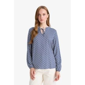 DeFacto N1809AZ25SP IN247 İndigo Regular Fit Bağcıklı Yaka Desenli Uzun Kollu Bluz