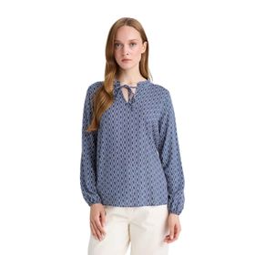 DeFacto N1809AZ25SP IN69 İndigo Regular Fit Bağcıklı Yaka Desenli Uzun Kollu Bluz