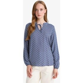 DeFacto N1809AZ25SP IN69 İndigo Regular Fit Bağcıklı Yaka Desenli Uzun Kollu Bluz