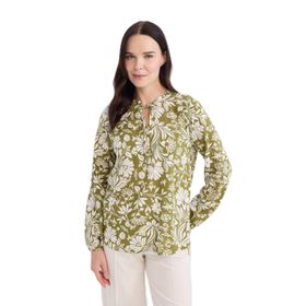 DeFacto N1809AZ25SP KH489 Haki Regular Fit Bağcıklı Yaka Çiçek Desenli Uzun Kollu Kadın Bluz
