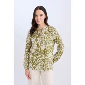 DeFacto N1809AZ25SP KH489 Haki Regular Fit Bağcıklı Yaka Çiçek Desenli Uzun Kollu Kadın Bluz