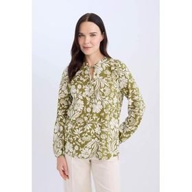 DeFacto N1809AZ25SP KH489 Haki Regular Fit Bağcıklı Yaka Çiçek Desenli Uzun Kollu Kadın Bluz