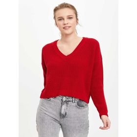 DeFacto R2032AZ20AU Kırmızı V Yaka Regular Fit Triko Kadın Kazak