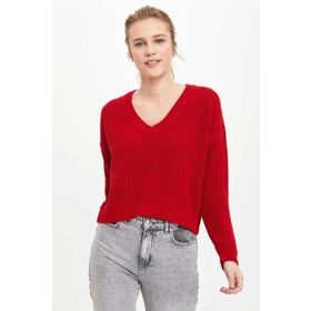 DeFacto R2032AZ20AU Kırmızı V Yaka Regular Fit Triko Kadın Kazak