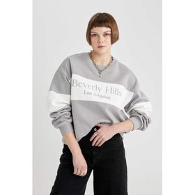 DeFacto Relax Bordo Fit Bisiklet Yaka Baskılı Kalın Kadın Sweatshirt