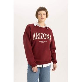DeFacto Relax Bordo Fit Bisiklet Yaka Baskılı Kalın Kadın Sweatshirt