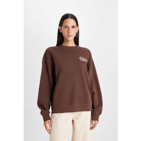 DeFacto Relax Bordo Fit Bisiklet Yaka Baskılı Kalın Kadın Sweatshirt