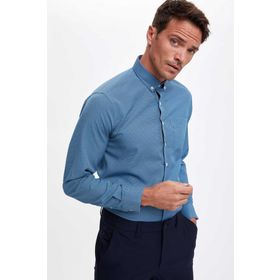 DeFacto S6109AZ20AU Indıgo Desenli Slim Fit Uzun Kollu Erkek Gömlek