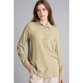 DeFacto T0609AZ26SP KH176 Haki Loose Fit Gömlek Yaka Baskılı Uzun Kollu Kadın Tunik