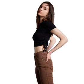 DeFacto T9632AZ22SM Siyah-BK81 Fitted Crop Bisiklet Yaka Kısa Kollu Bağlama Detaylı Fitilli Kaşkorse Kadın T-shirt