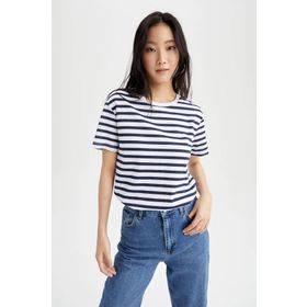 DeFacto U1778AZ23SM Lacivert-NV31 Regular Fit Bisiklet Yaka Çizgili Kısa Kollu %100 Pamuk Kadın T-shirt