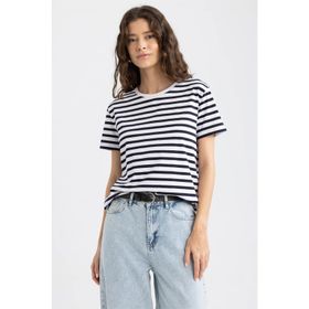 DeFacto U1778AZ23SM Lacivert-NV31 Regular Fit Bisiklet Yaka Çizgili Kısa Kollu %100 Pamuk Kadın T-shirt