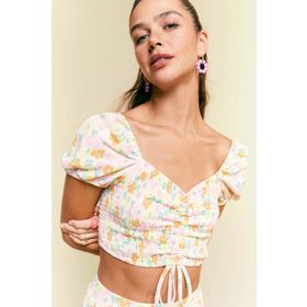 DeFacto U5234AZ23SMGN683 Kadın Coool Çiçek Desenli Kısa Kollu Crop Bluz