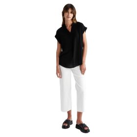 DeFacto U5327AZ23SM Siyah-BK27 Regular Fit Bisiklet Yaka Krinkıl Kumaş Kısa Kollu Kadın Bluz