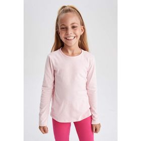 DeFacto U6810A622AU Pembe-PN105 Regular Fit Bisiklet Yaka Penye Uzun Kollu Kız Çocuk Tişört