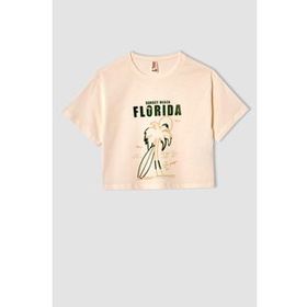 DeFacto V5409A621HS Baskılı Kısa Kollu Crop Ekru Kız Çocuk T-Shirt