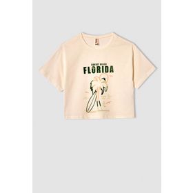 DeFacto V5409A621HS Baskılı Kısa Kollu Crop Ekru Kız Çocuk T-Shirt