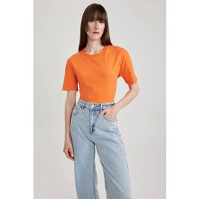 DeFacto W9584AZ23SM Beyaz-WT34 Regular Fit Bisiklet Yaka Kısa Kollu %100 Pamuk Kadın T-shirt