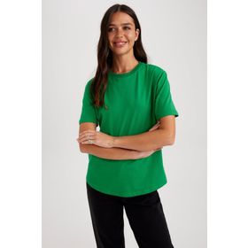 DeFacto W9584AZ23SM Beyaz-WT34 Regular Fit Bisiklet Yaka Kısa Kollu %100 Pamuk Kadın T-shirt