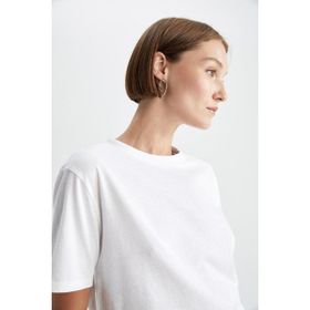 DeFacto W9584AZ23SM Beyaz-WT34 Regular Fit Bisiklet Yaka Kısa Kollu %100 Pamuk Kadın T-shirt
