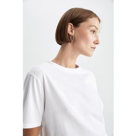 DeFacto W9584AZ23SM Beyaz-WT34 Regular Fit Bisiklet Yaka Kısa Kollu %100 Pamuk Kadın T-shirt