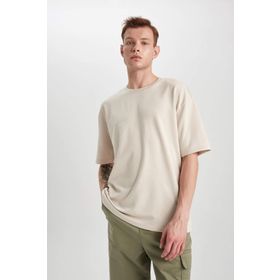 DeFacto X3926AZ Erkek Boxy Fit Bisiklet Yaka Pamuklu Penye Taş Rengi Tişört