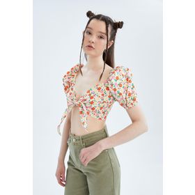 DeFacto Y0782AZ22HS Crop Floral Kalp Yaka Balon Kısa Kollu Poplin Bluz