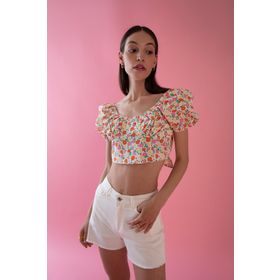 DeFacto Y0782AZ22HS Crop Floral Kalp Yaka Balon Kısa Kollu Poplin Bluz