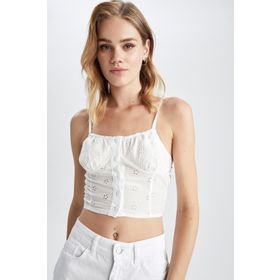 DeFacto Y0883AZ22HS Fitted Kalp Yaka Askılı Brode Crop Bluz