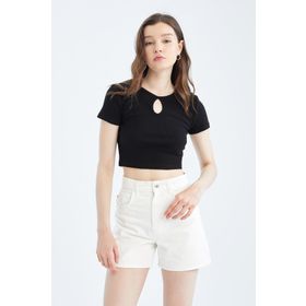 DeFacto Y1221AZ22SM Kadın Coool Bisiklet Yaka Önü Dekolteli Basic Kısa Kollu Crop Top