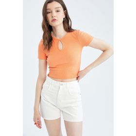 DeFacto Y1221AZ22SM Kadın Coool Bisiklet Yaka Önü Dekolteli Basic Kısa Kollu Crop Top