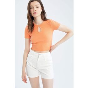 DeFacto Y1221AZ22SM Kadın Coool Bisiklet Yaka Önü Dekolteli Basic Kısa Kollu Crop Top