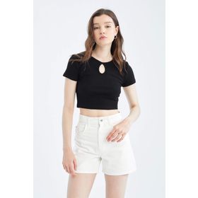 DeFacto Y1221AZ22SM Kadın Coool Bisiklet Yaka Önü Dekolteli Basic Kısa Kollu Crop Top