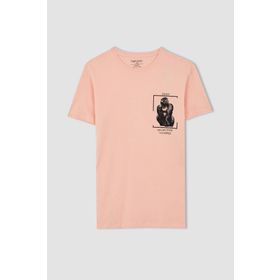 DeFacto Y3611AZ22HS Pembe-PN170 Slim Fit Bisiklet Yaka Baskılı Erkek Tişört